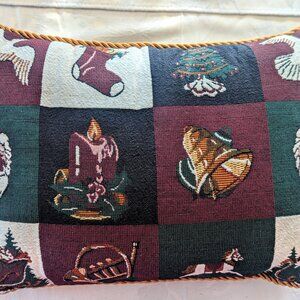 VTG Christmas Tapestry Throw Pillow Gold Trim Santa Tree Dove Stockings Horse